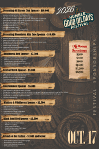 Poster-style infographic for the 2026 Humble Good Oil Days Festival showing sponsor tiers and benefits, set against an oil-drum background with torn parchment banners.