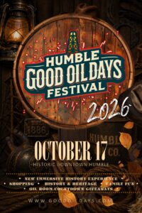 Poster advertising the Humble Good Oil Days Festival on October 17, 2026, with a wooden barrel backdrop and a vintage lantern.